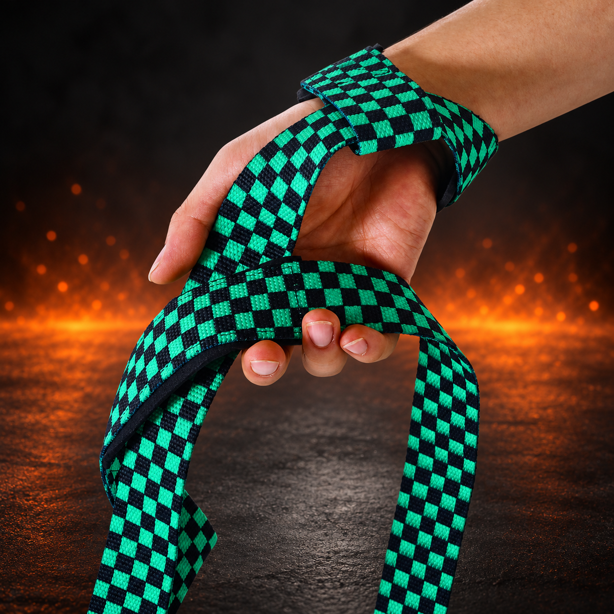 Both Ichimatsu lifting straps looped over a hand, a green and black checkerboard over both loops and tails