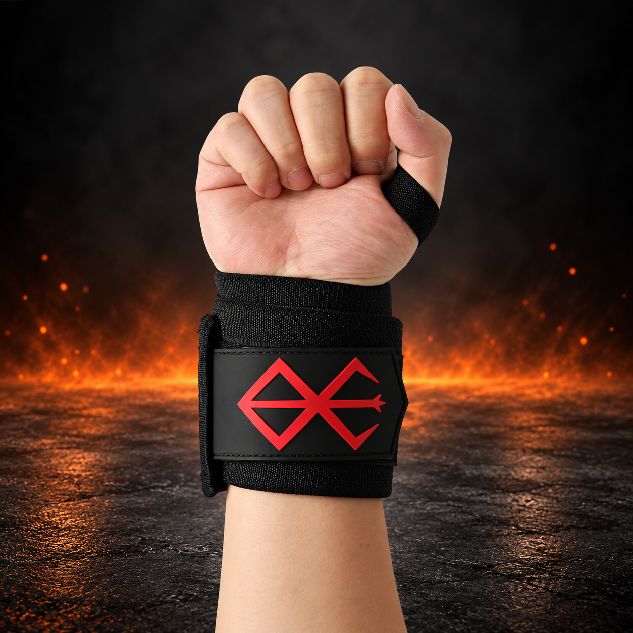 Front view of the Sigil wrist wraps worn on a clenched fist, an all-black wrap with a red sigil on the closure patch