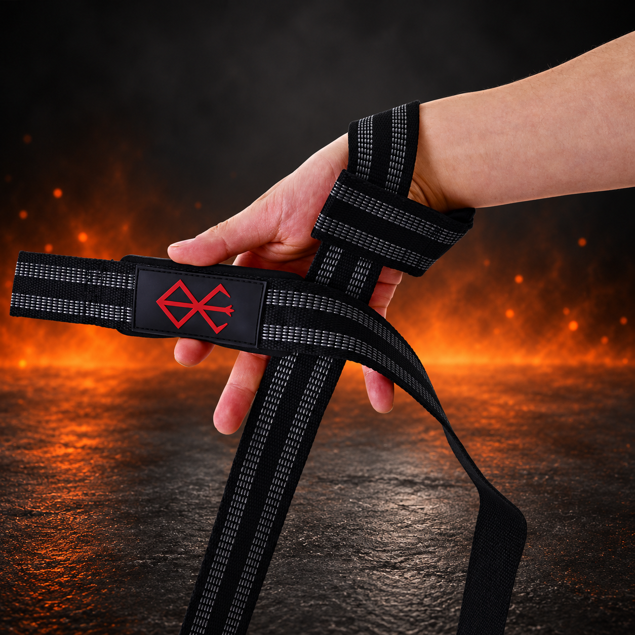 Wrist view of the Sacrifice lifting straps, a red sigil on the black loop patch above gray-striped webbing