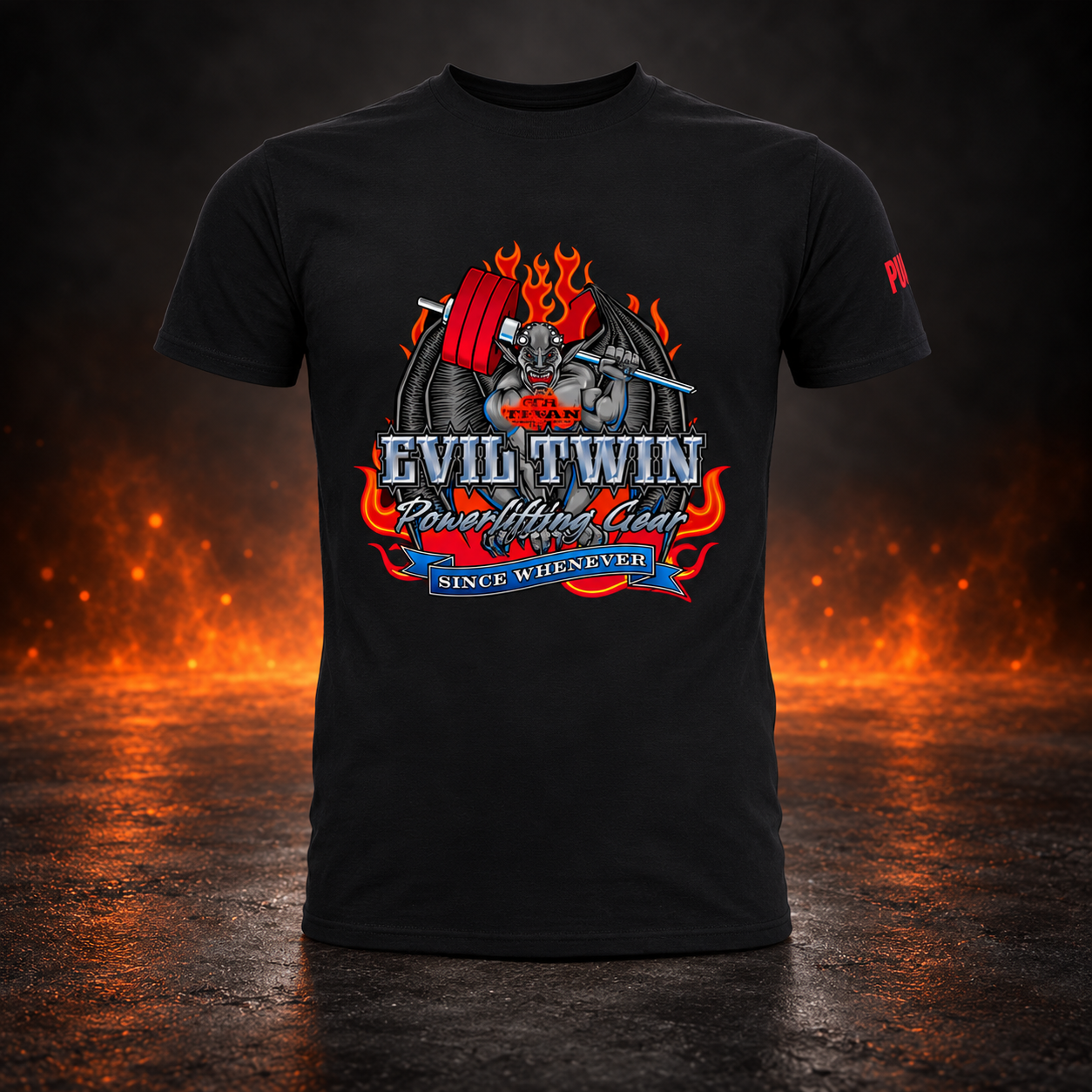 Front view of the Evil Twin powerlifting shirt, a black tee with a winged gargoyle hoisting a red-plated bar amid flames
