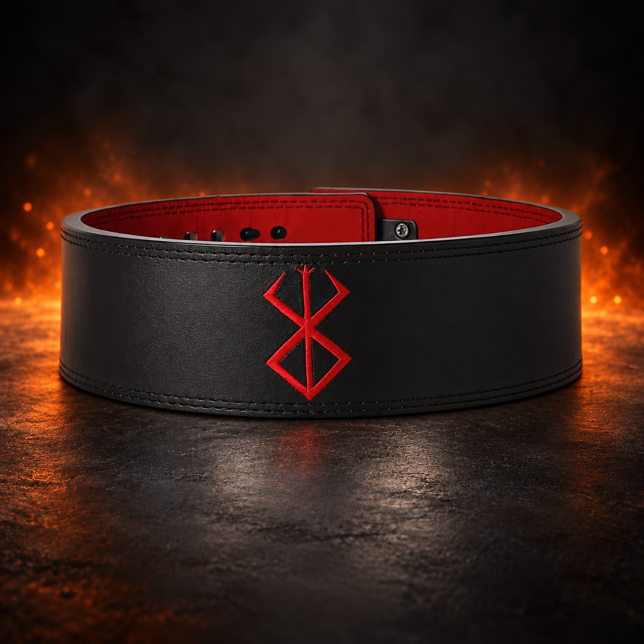 Back view of the Sacrifice lever belt in black leather with one red sigil at the center back and red suede lining