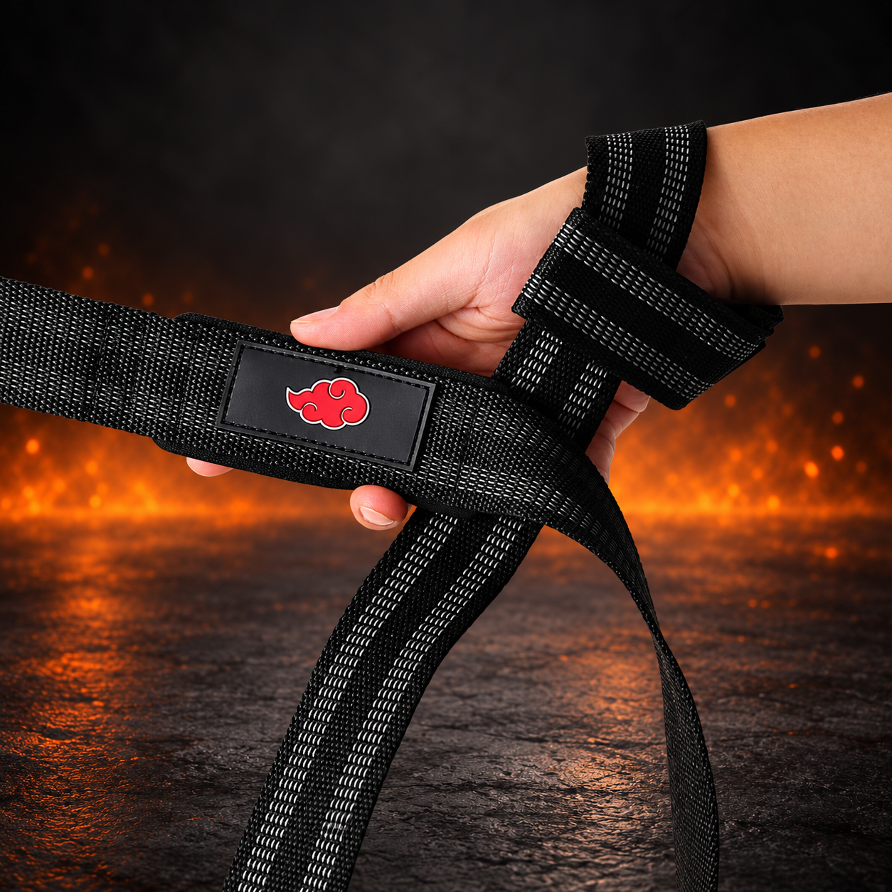 Hand wrapped in the Dawn lifting straps, black webbing with gray grip stripes and a red cloud on the wrist patch