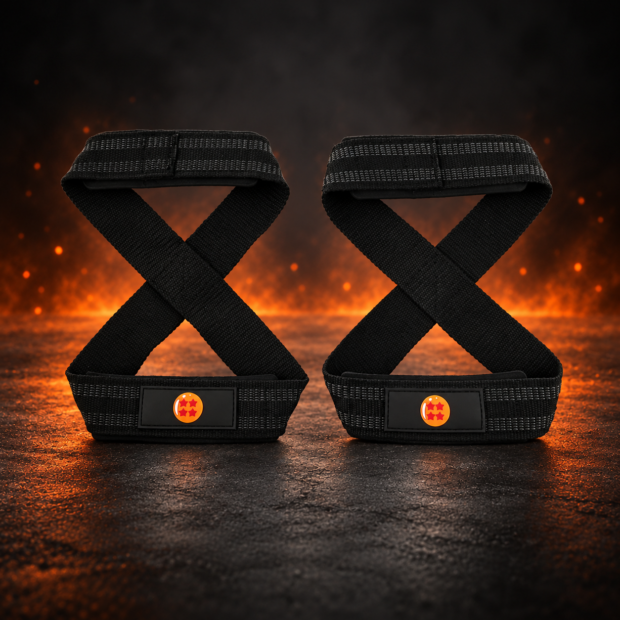 Front view of the 4-Star figure 8 lifting straps, a black pair with an orange four-star orb patch on each loop