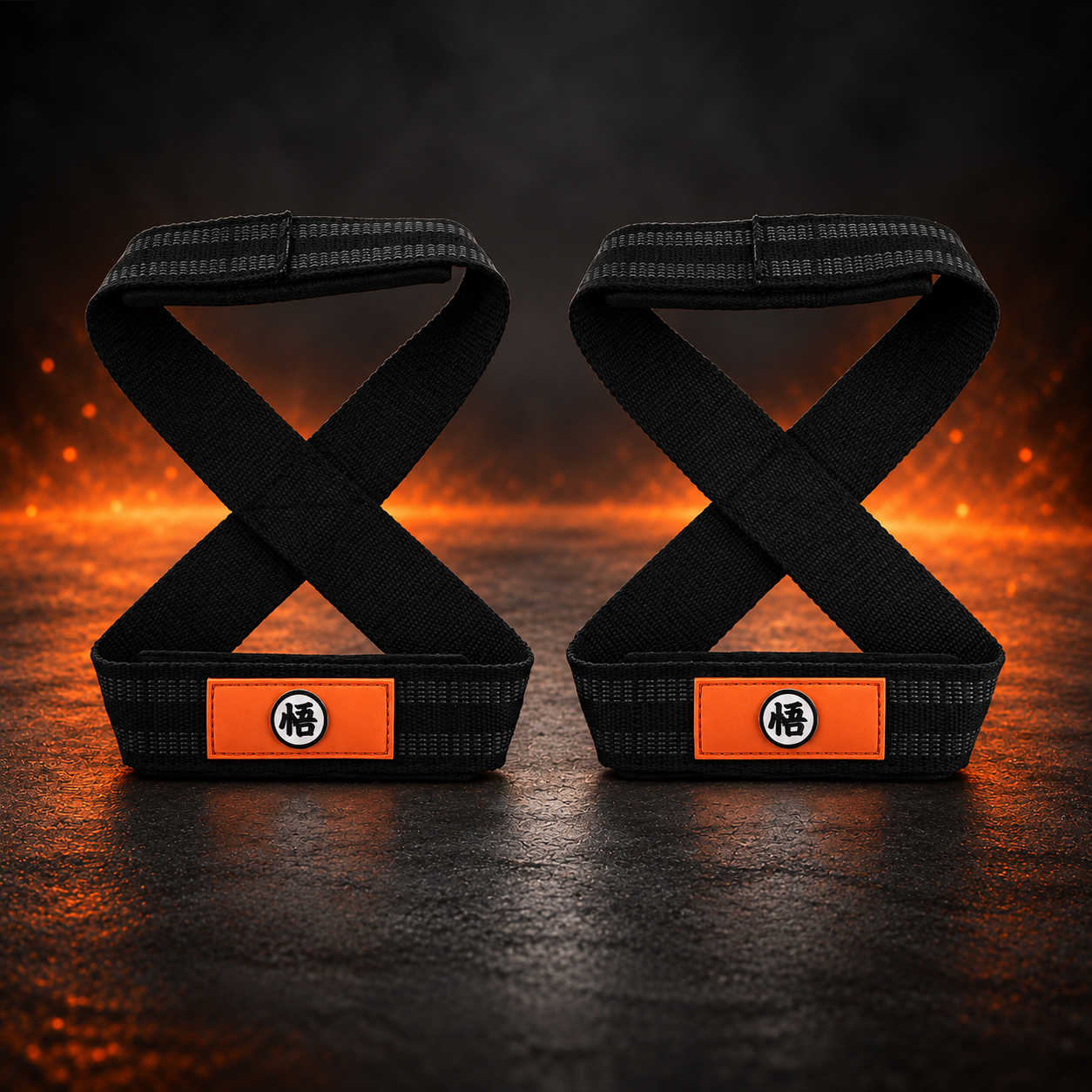 Pair of Wisdom figure 8 lifting straps in black, each with an orange patch carrying a black wisdom kanji in a white circle