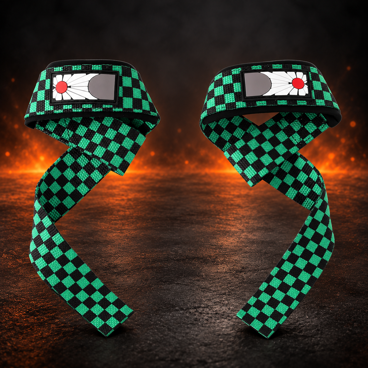 Wrist view of the Hanafuda lifting straps, green and black checks with a red and white card patch on the pad