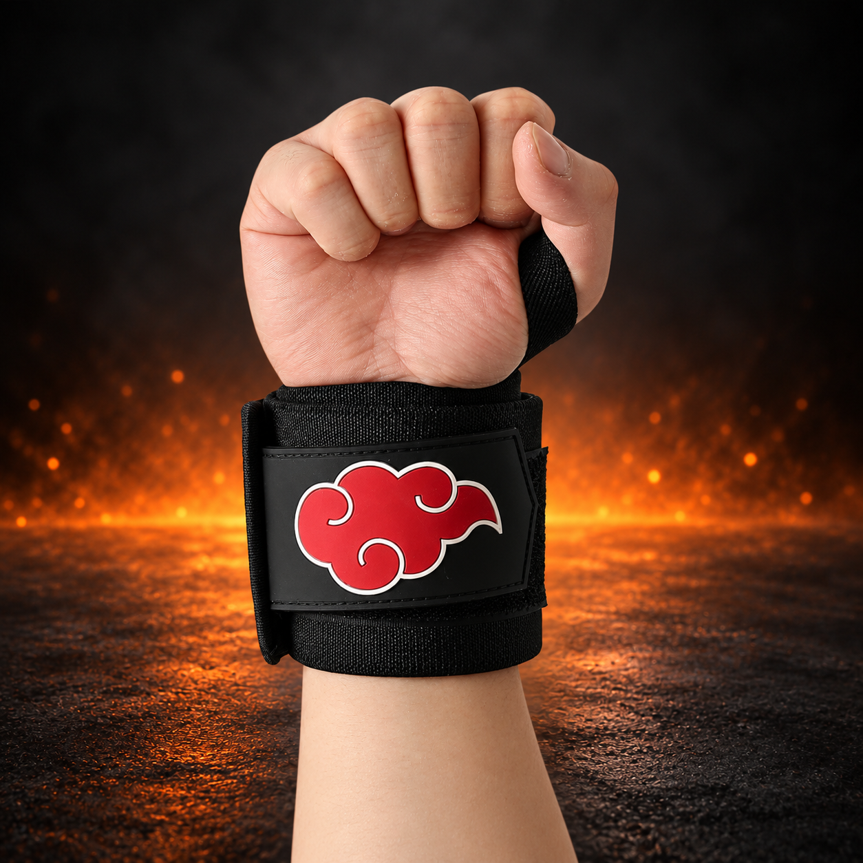 Front view of the Dawn Xtra-Stiff wrist wraps on a clenched fist, a raised red cloud outlined in white on black