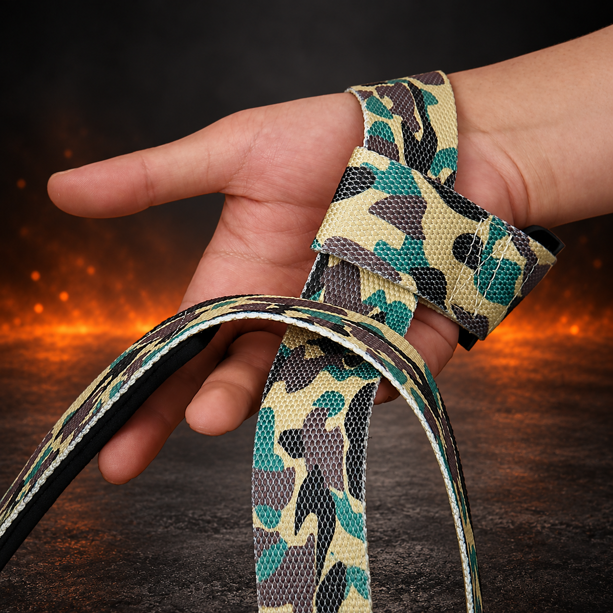 Model with camo lifting straps | Camo lifting straps made from polycotton for powerlifting and weightlifting and strength sports such as deadlifts in the gym.