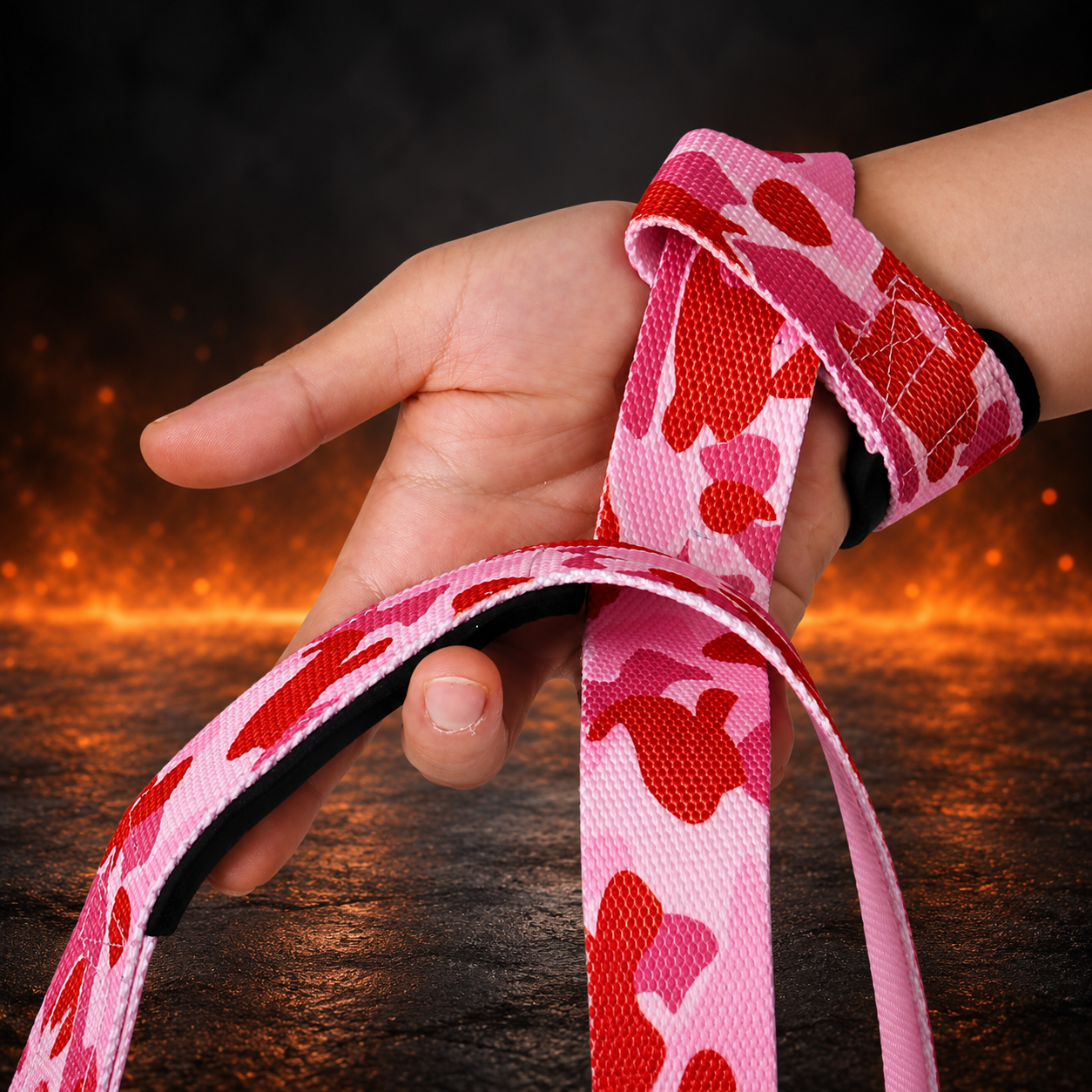 Model with VALENTINE camo lifting straps | Camo lifting straps made from polycotton for powerlifting and weightlifting and strength sports such as deadlifts in the gym.