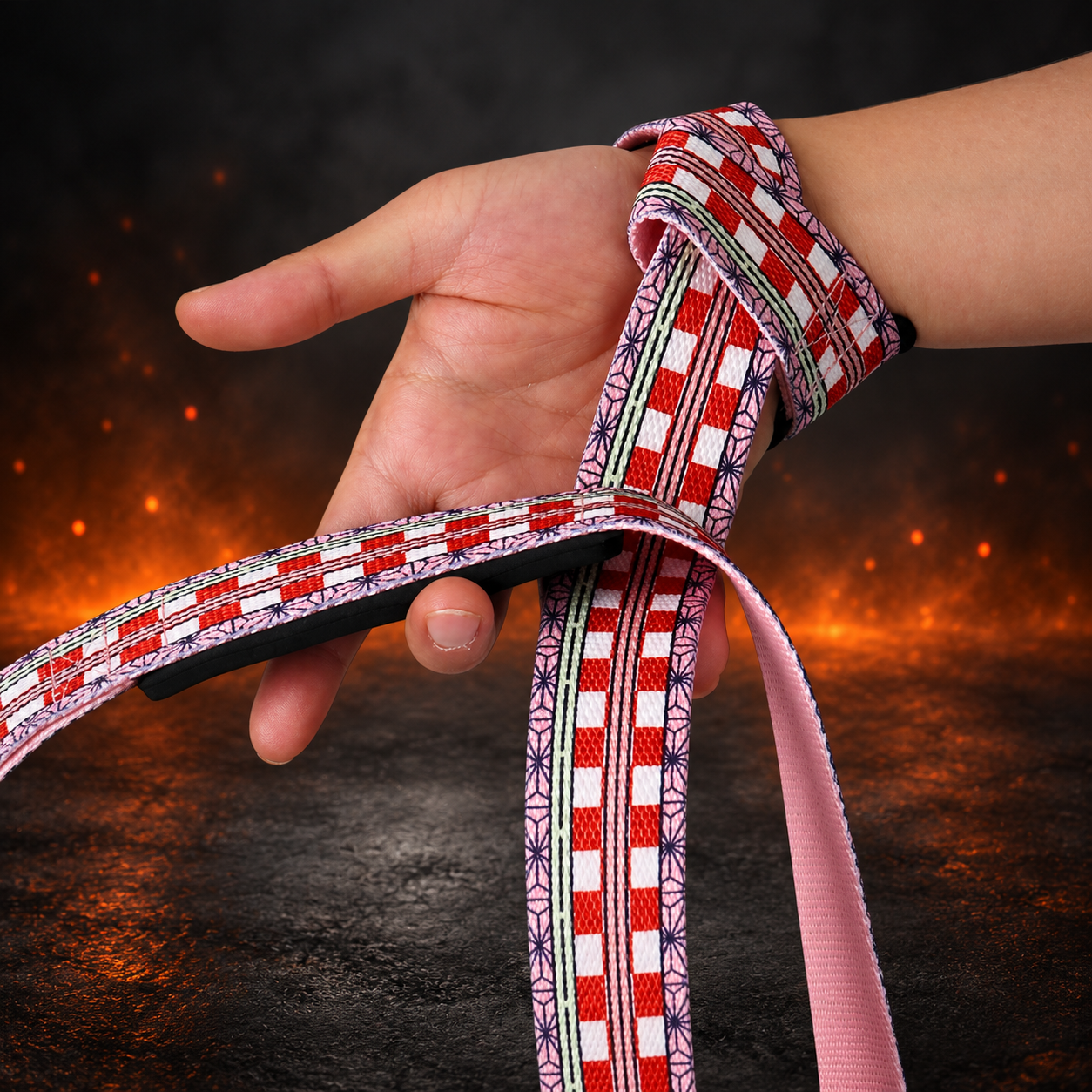 Hand wrapped in the Sakura lifting straps, red and white checks between pink hemp-leaf borders over a black palm pad