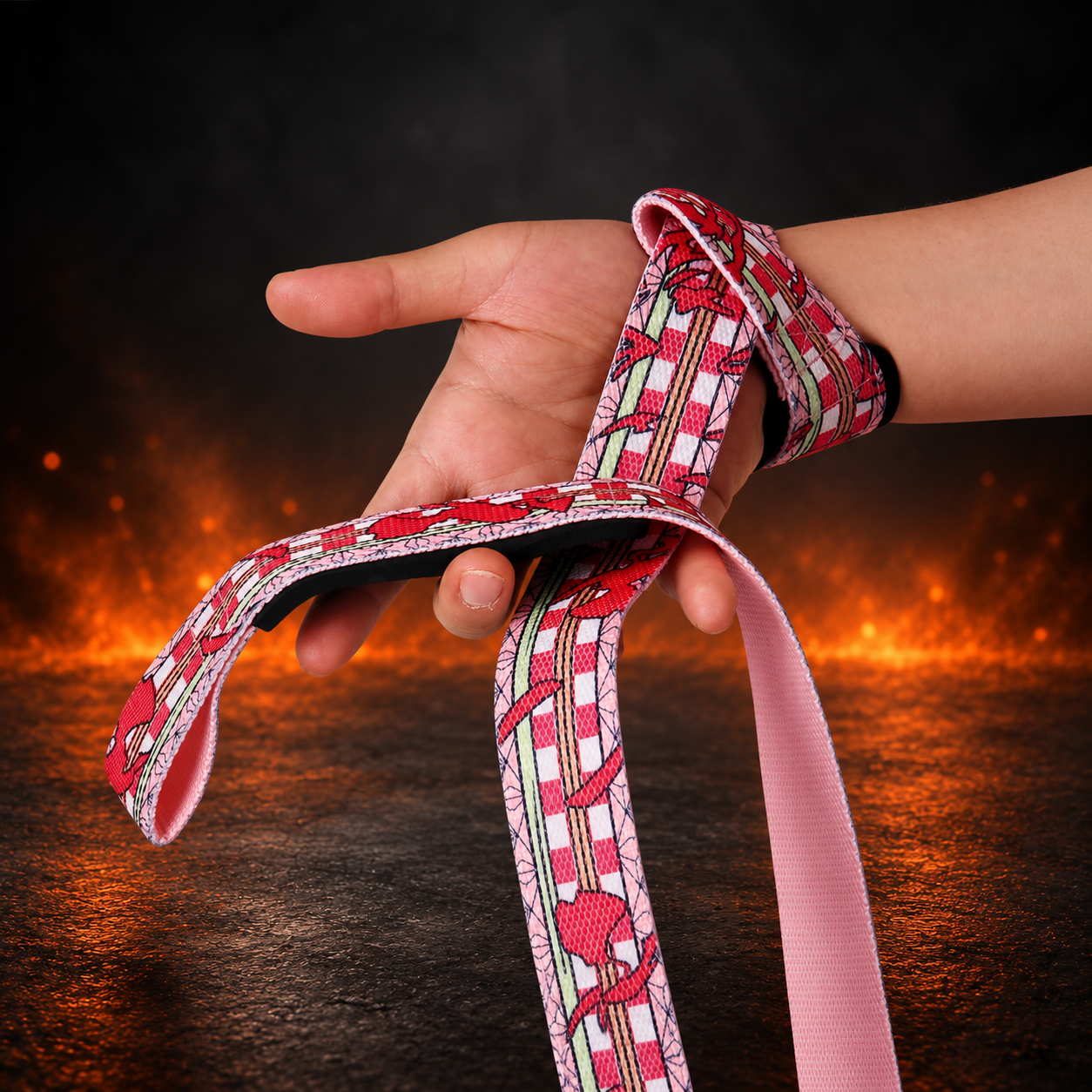 Wrist view of the Kurenai lifting straps, crimson shapes over red and white checks with a plain pink reverse