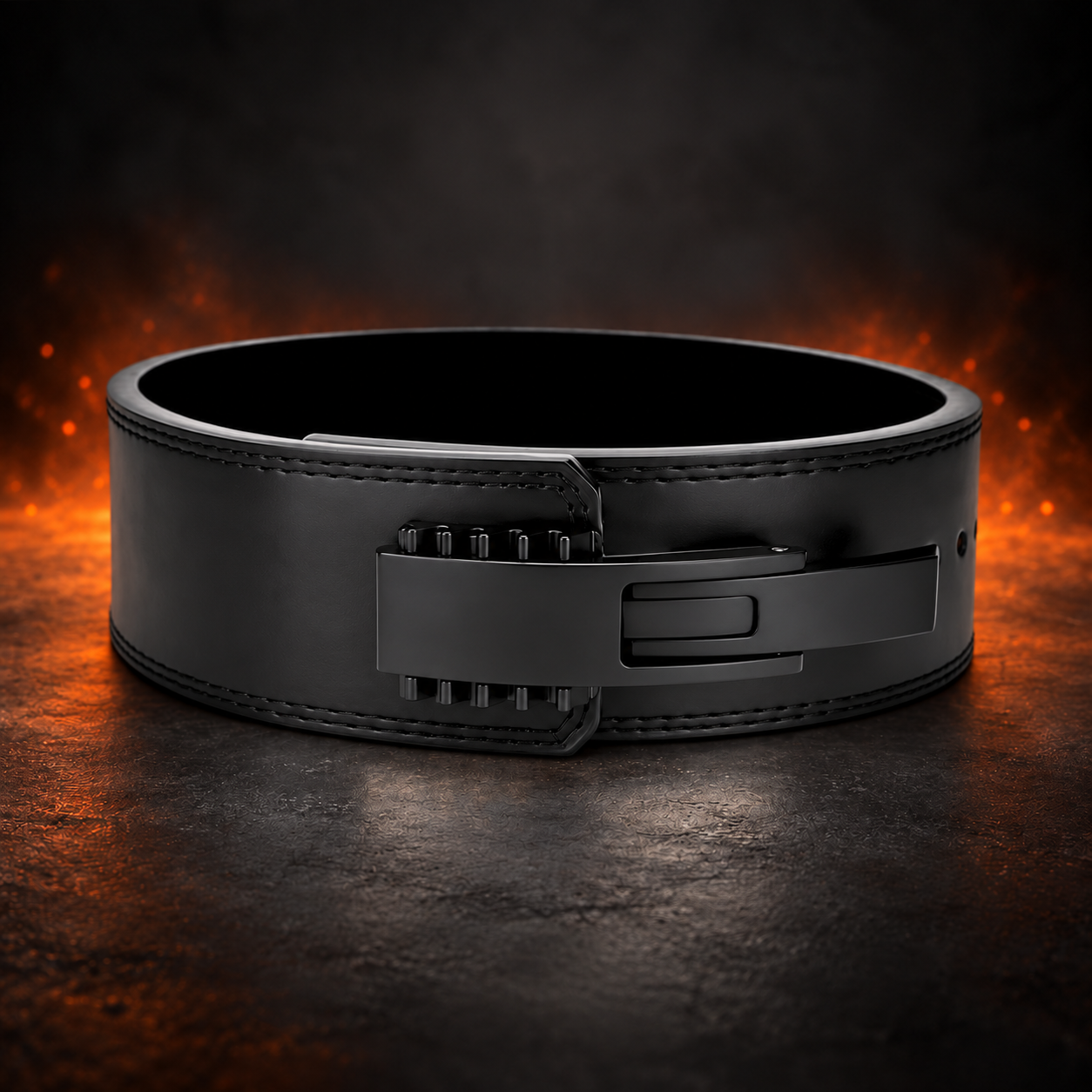 Front view of the Darkstar 10mm lever belt in gloss black leather with a black lever and black edge stitching