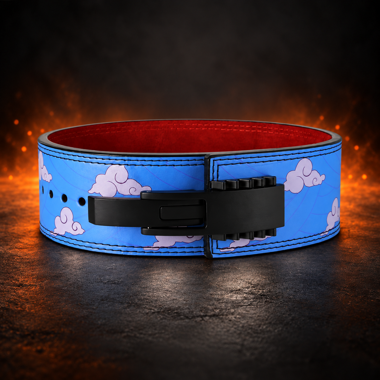 Back view of the Kumo weightlifting belt, sky blue printed with curled white clouds and black double stitching