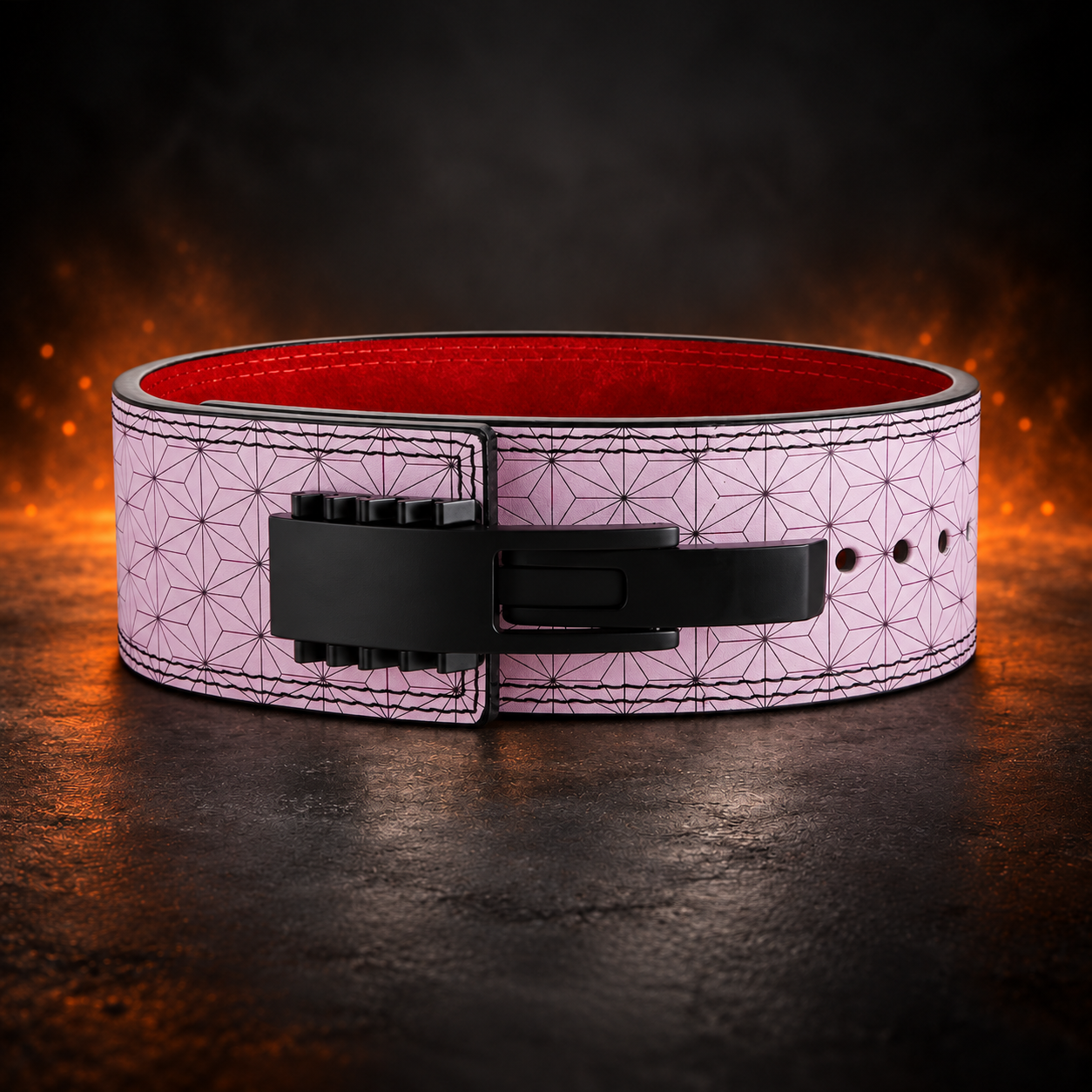 Back view of the Asanoha weightlifting belt, pale pink leather printed with a fine dark hemp-leaf star grid