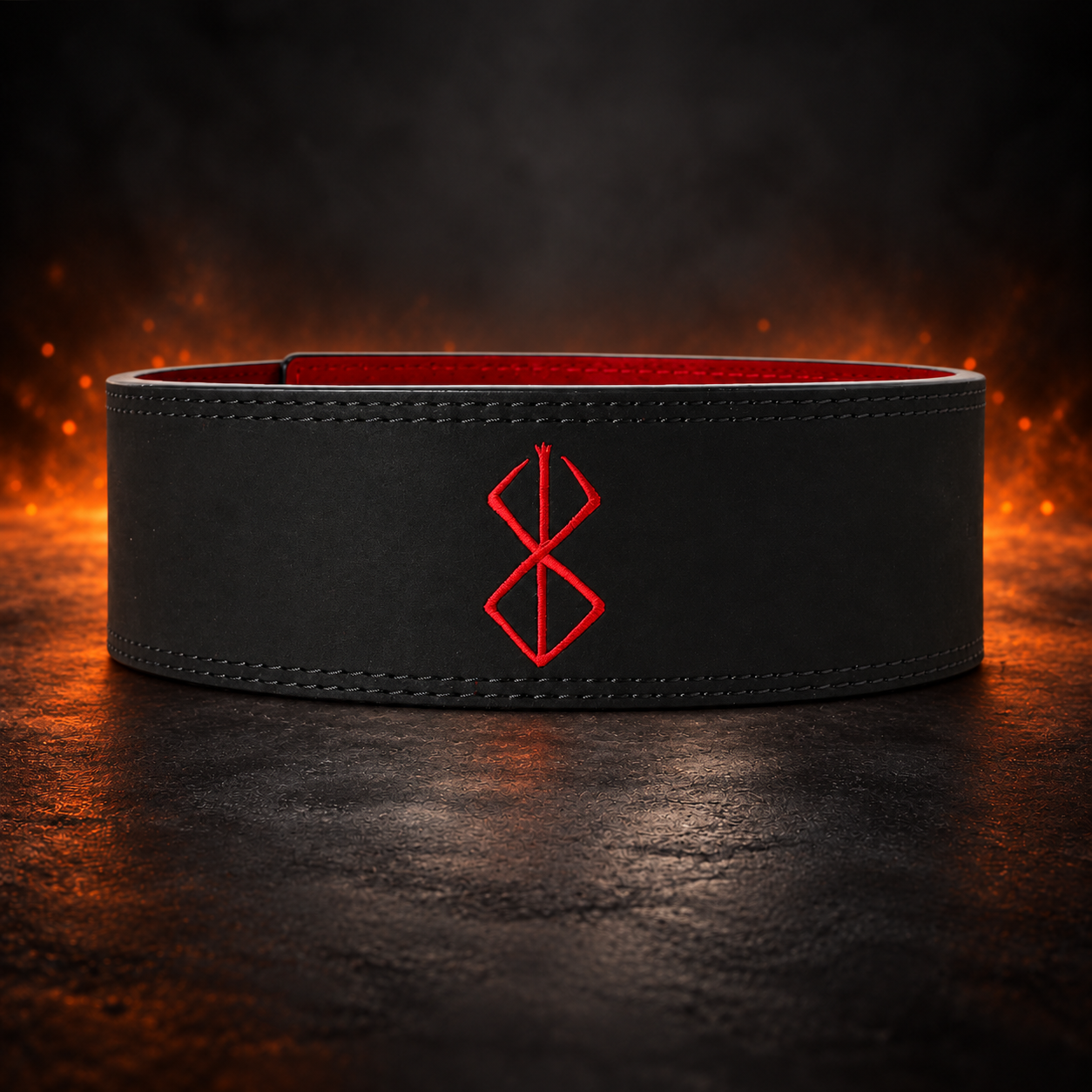 Back view of the Dark Sigil lever belt, plain black leather with a red thread sigil stitched at the center back
