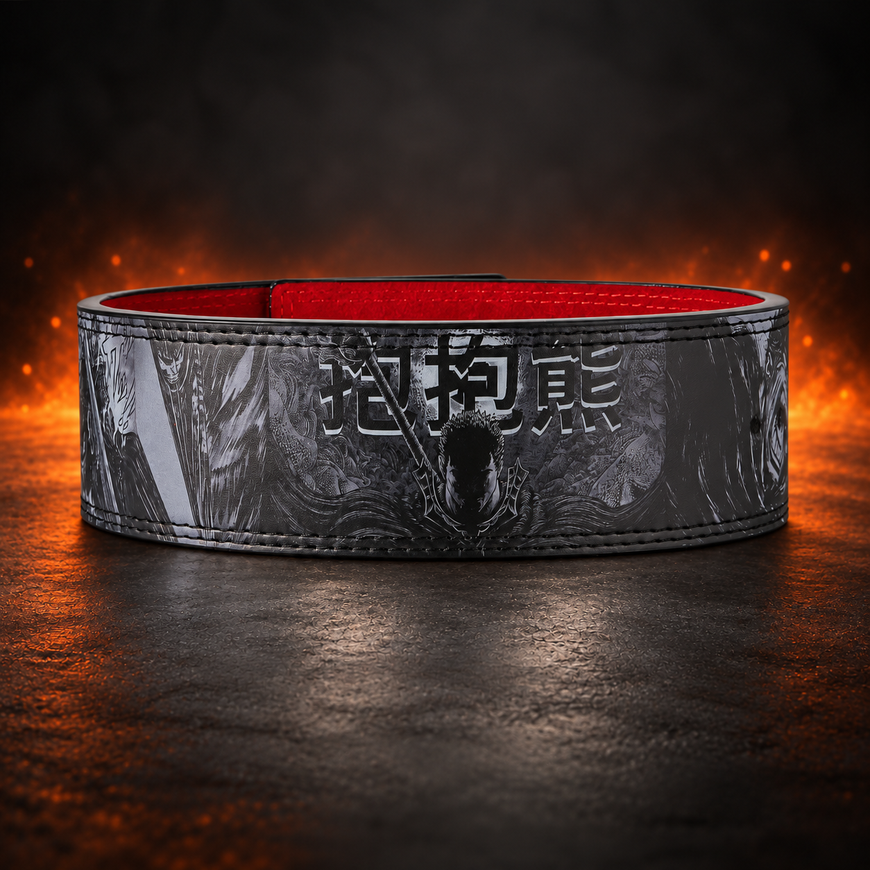 Back view of the Apostle lever belt, kanji and a lone swordsman framed by grayscale monsters, red suede lining inside