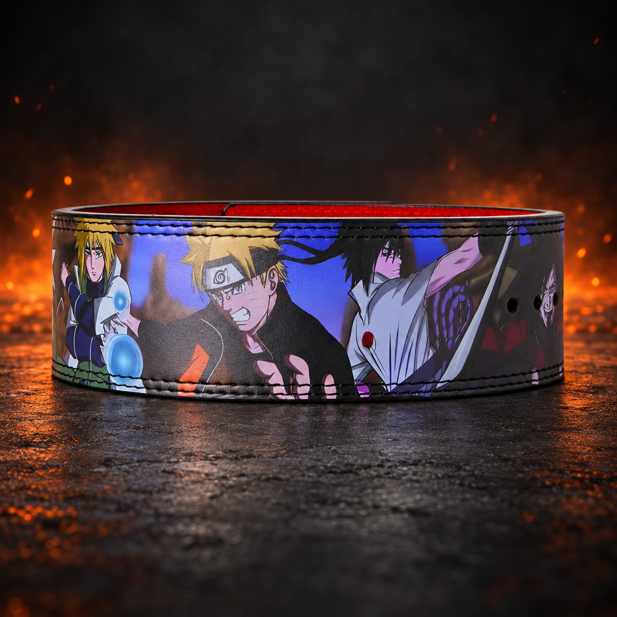 A powerlifting lever belt featuring artwork with heroic characters