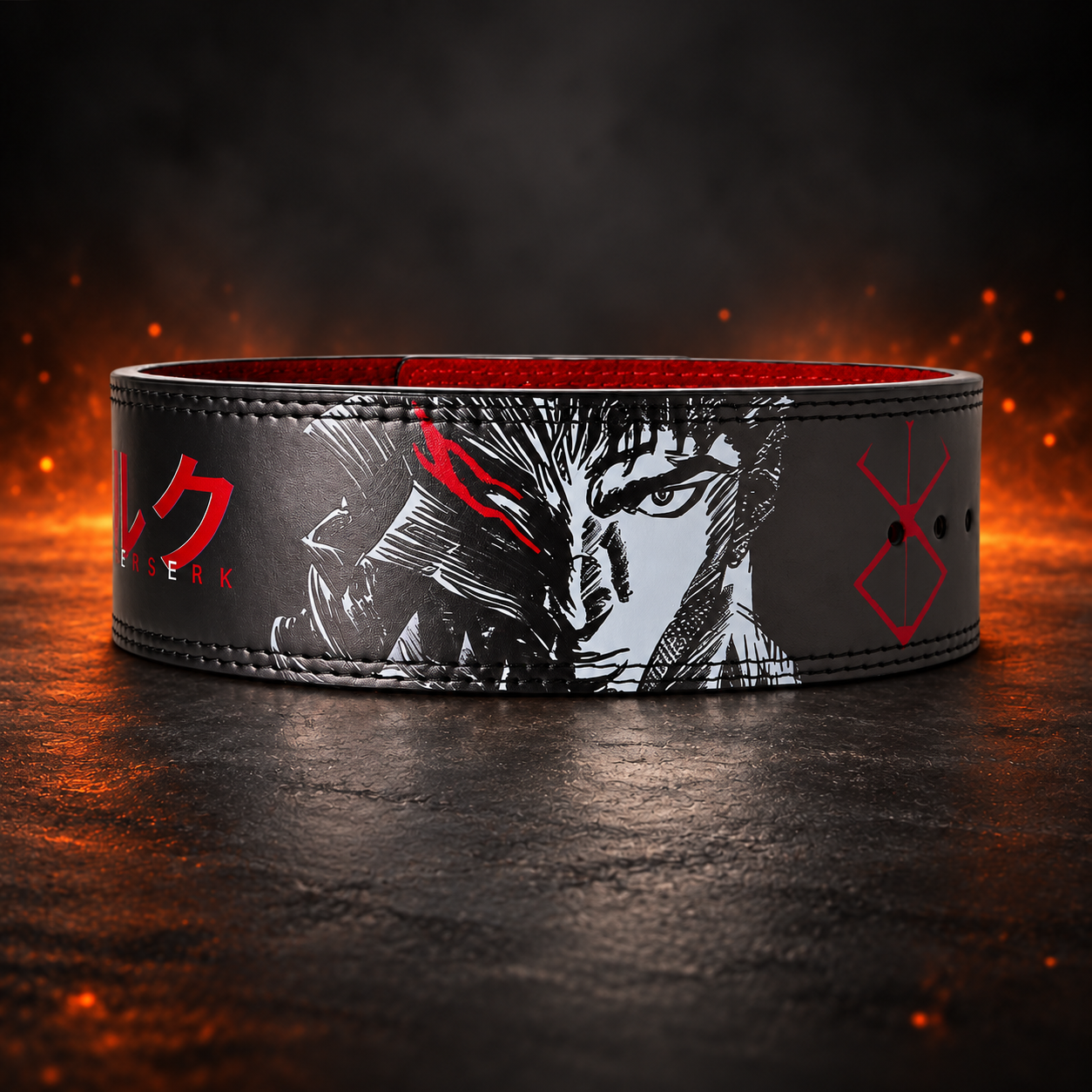 Back view of The Marked lever belt, a black-and-white shadowed portrait between red Japanese lettering and a red sigil