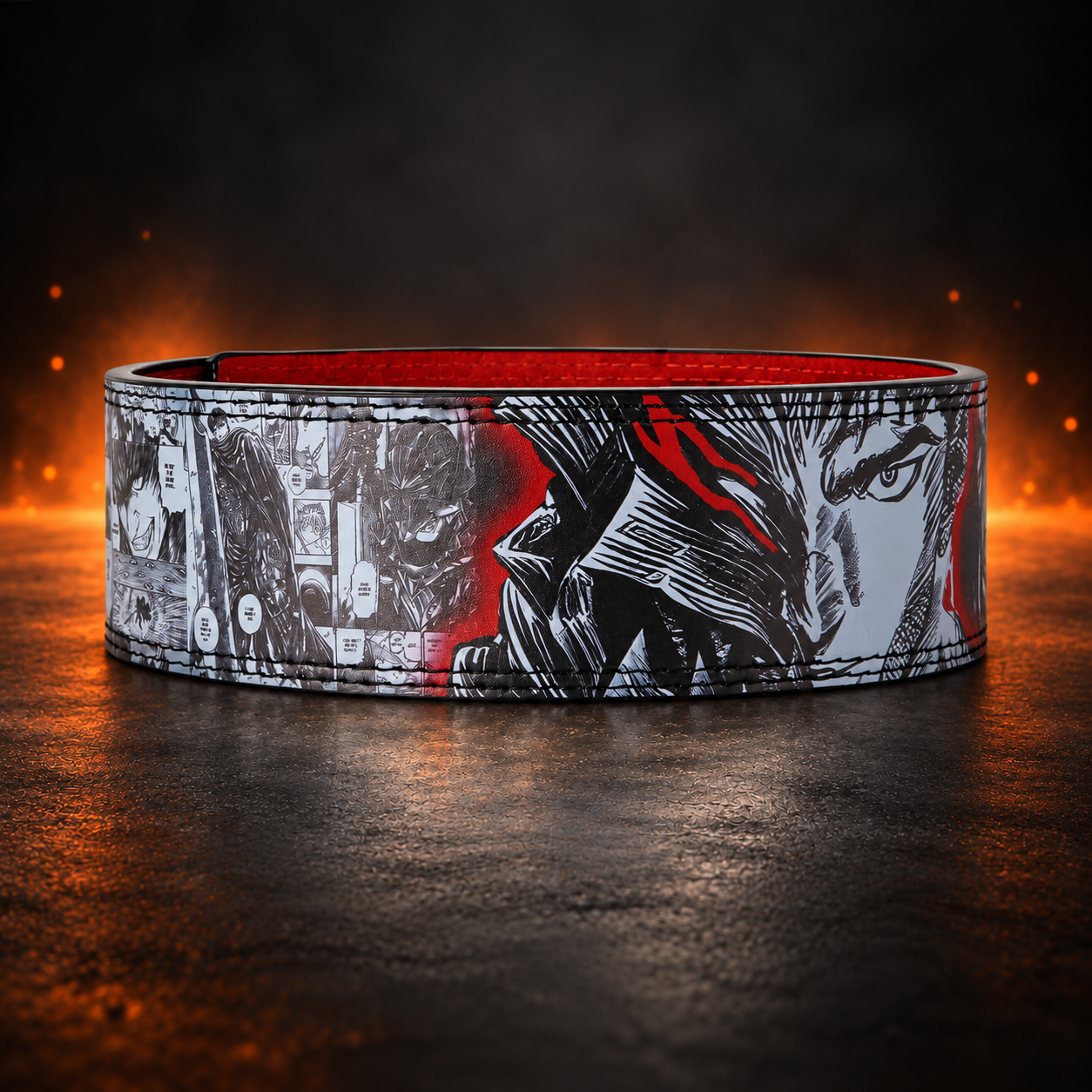 Back view of the Dark Pages weightlifting belt, grayscale comic panels around a glaring face lit in red