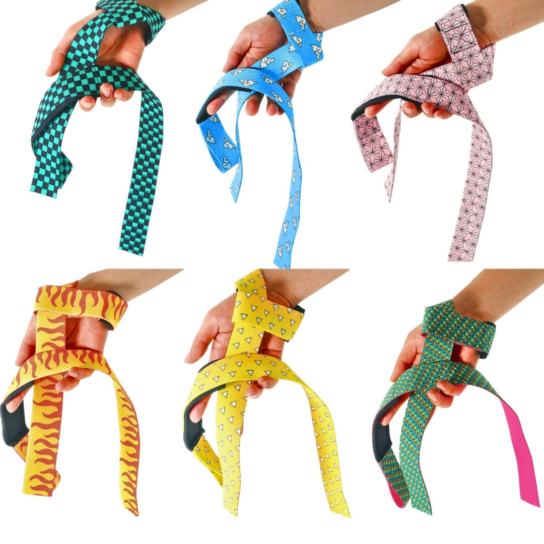 Six-panel grid of Edo lifting straps: green checks, blue clouds, pink hemp leaf, flames, yellow scales and tortoiseshell