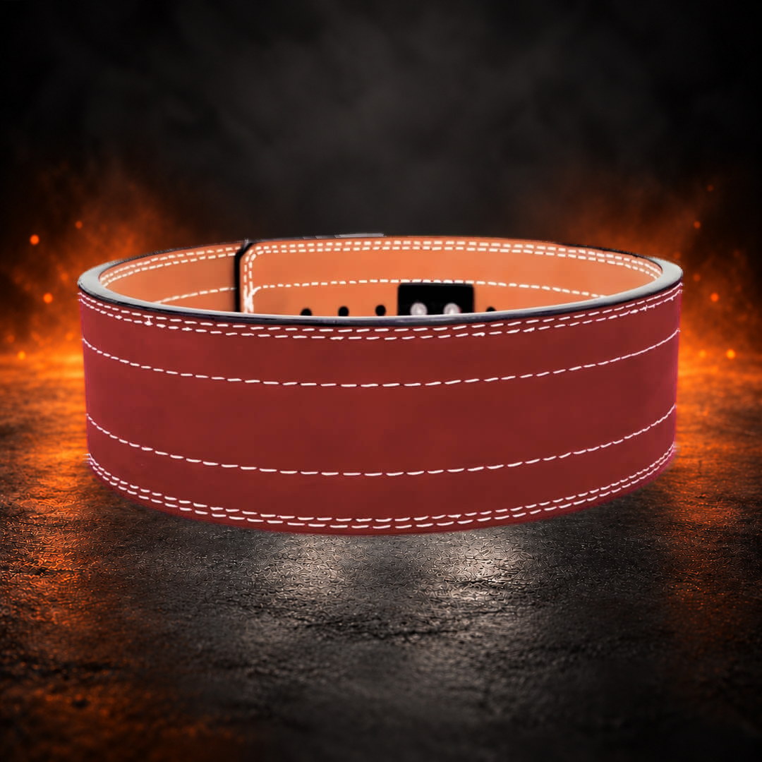 10mm lever belt in red suede, back view showing the tan suede lining and white double stitching.