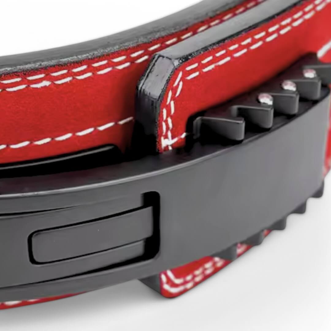 10mm lever belt in red suede, angled close-up of the black lever on a white background.