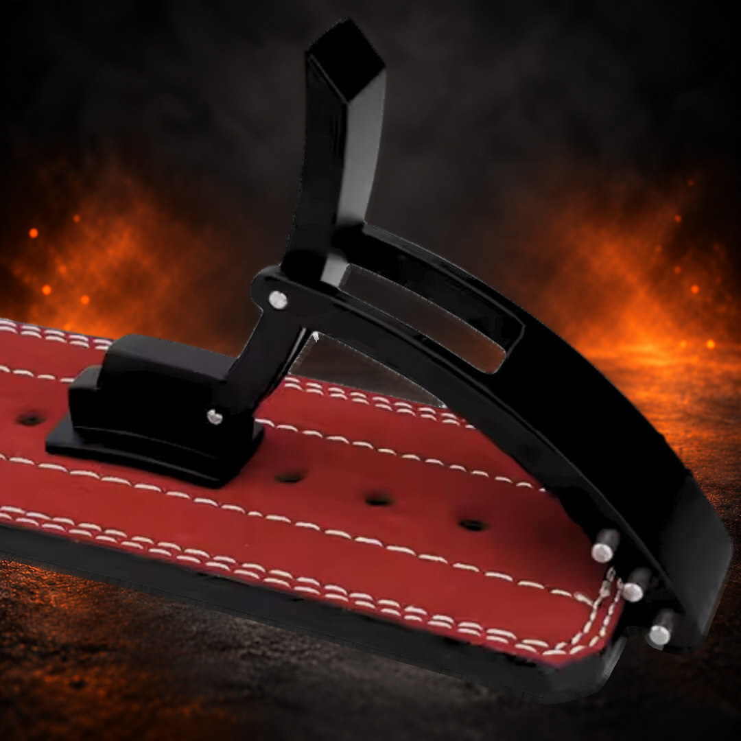 10mm lever belt in red suede laid flat, the black lever raised open on the strap.