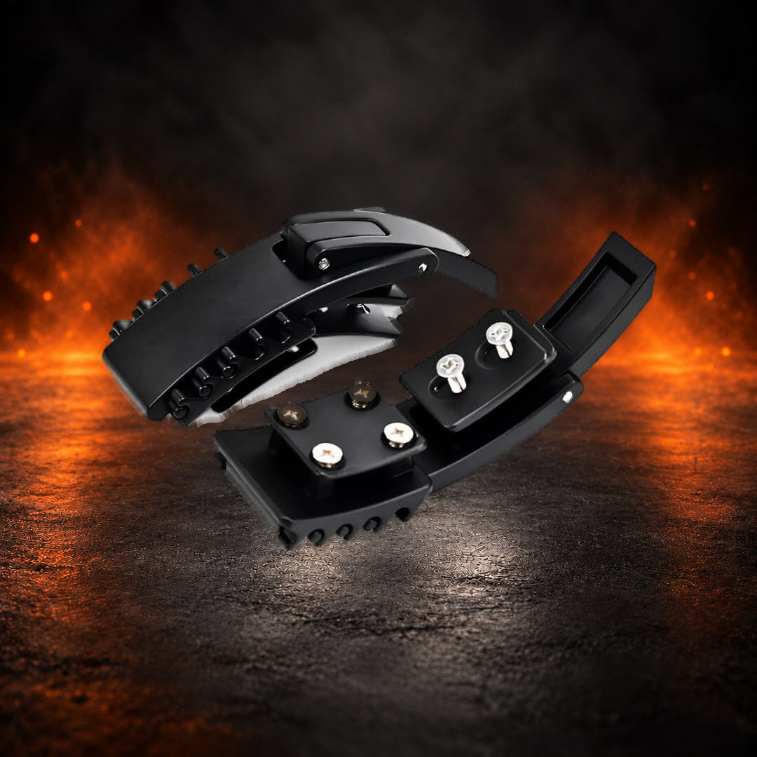 Adjustable lever belt buckle in matte black, opened off the belt to show its mounting plates and screws.
