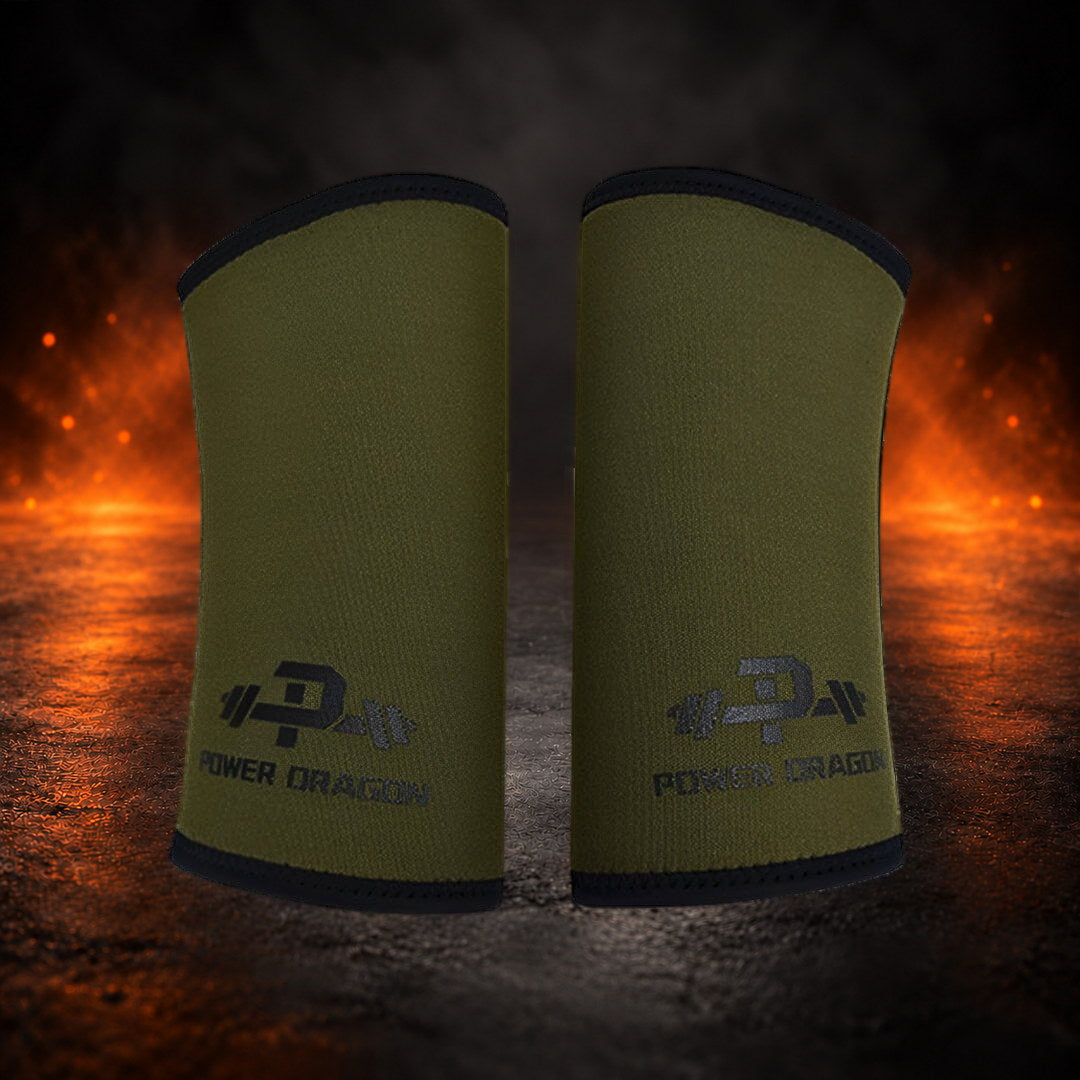 7mm elbow sleeves in olive green, mirrored pair standing upright with black logos on both sleeves.