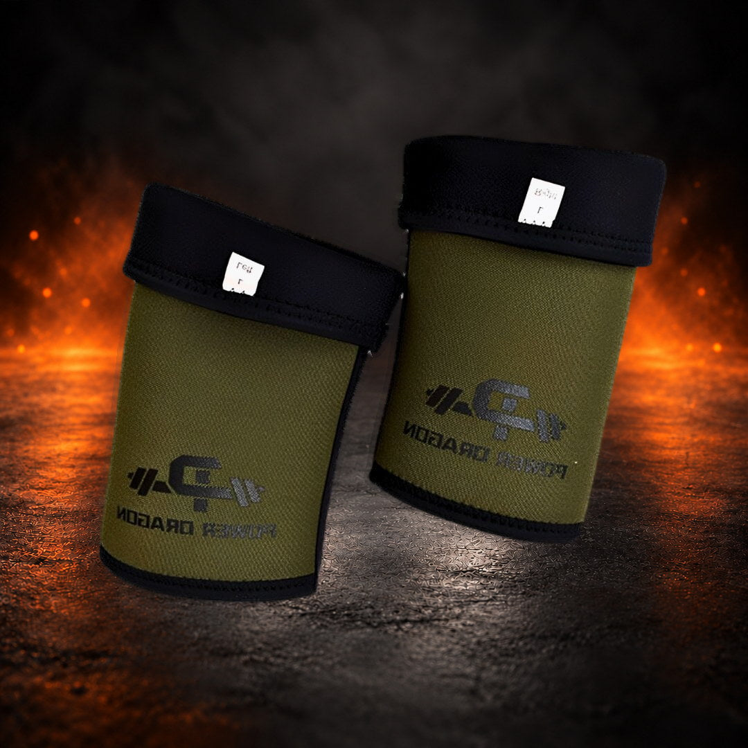 7mm elbow sleeves in olive green, tops folded down showing the black inside and size tags.