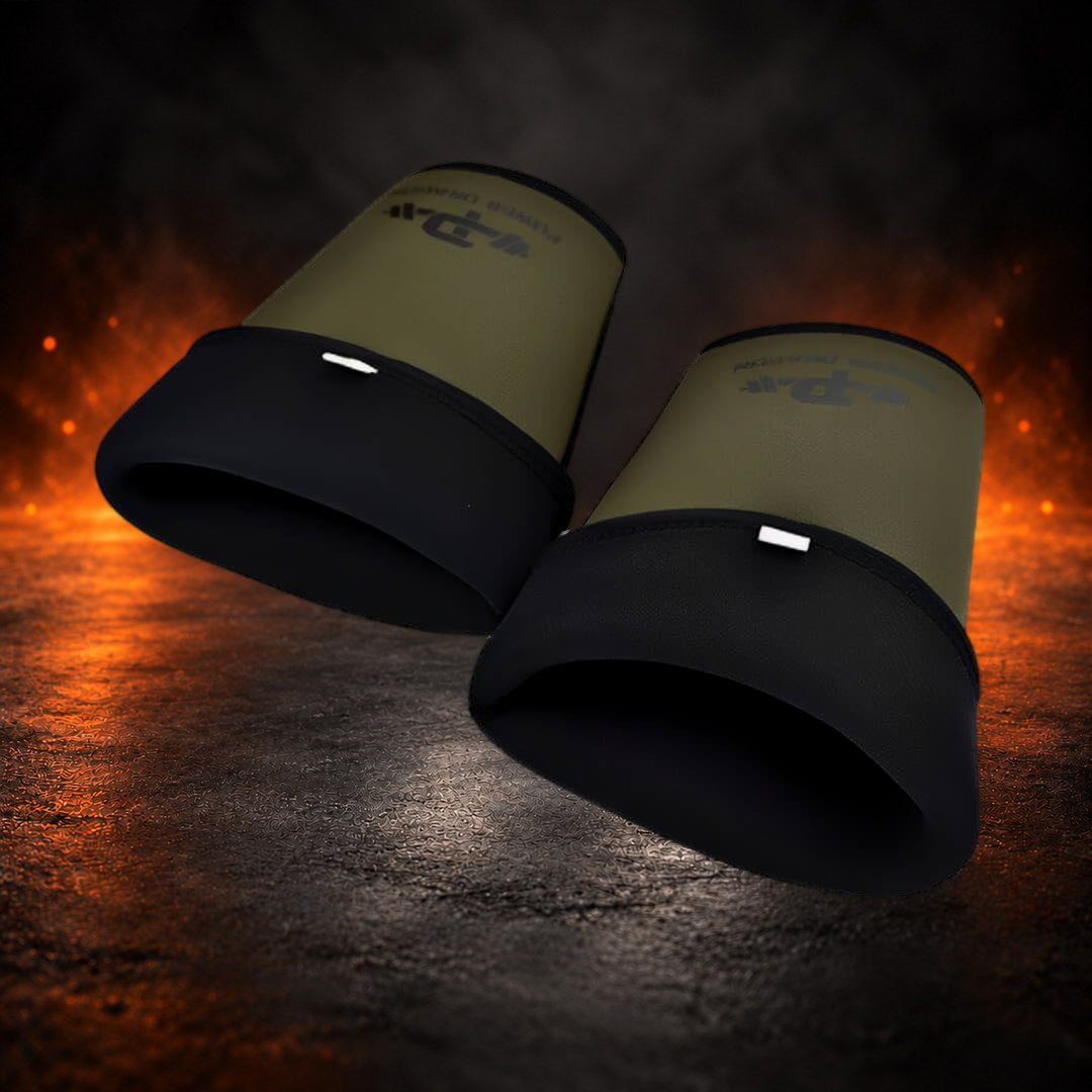 7mm elbow sleeves in olive green, pair tilted open-end forward with the black inside folded back.