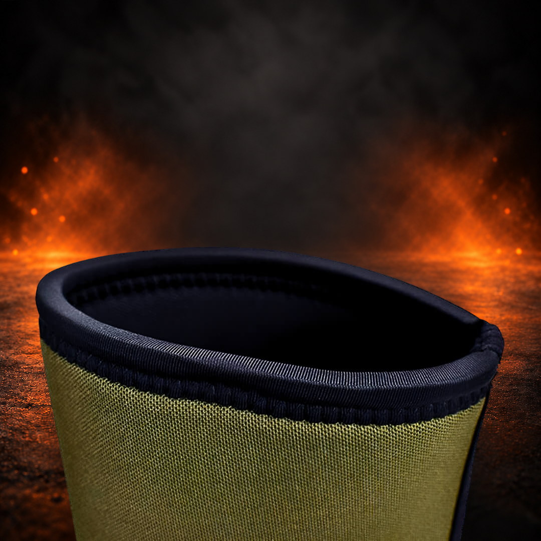 7mm elbow sleeves in olive green, close-up of the black bound edge around the opening.