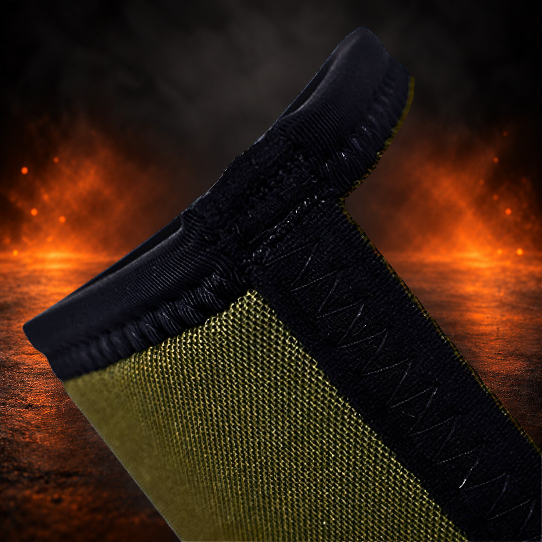 7mm elbow sleeves in olive green, close-up of the black zigzag-stitched seam meeting the bound edge.
