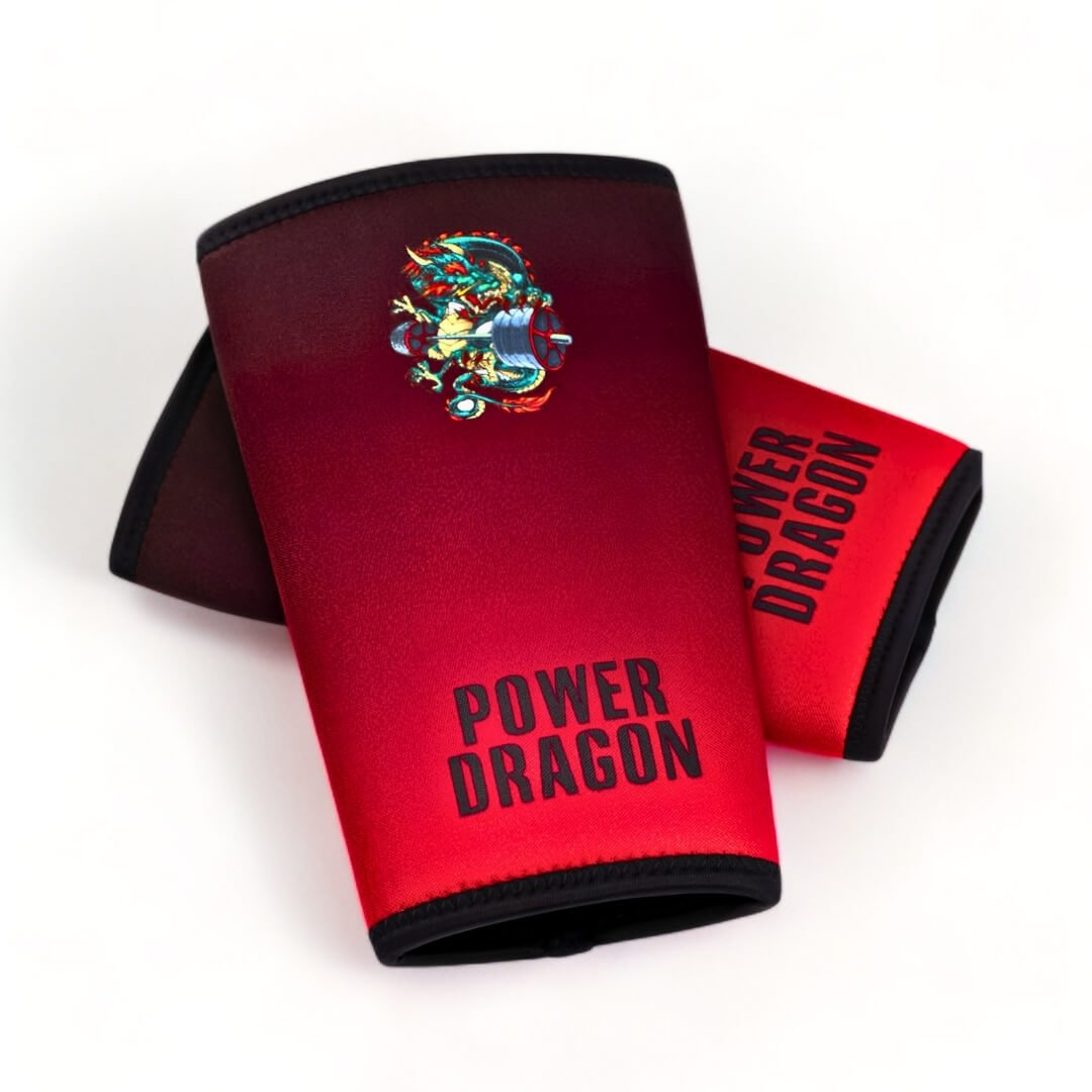 7mm knee sleeves in a burgundy-to-red fade, overlapping pair laid flat on a white background.