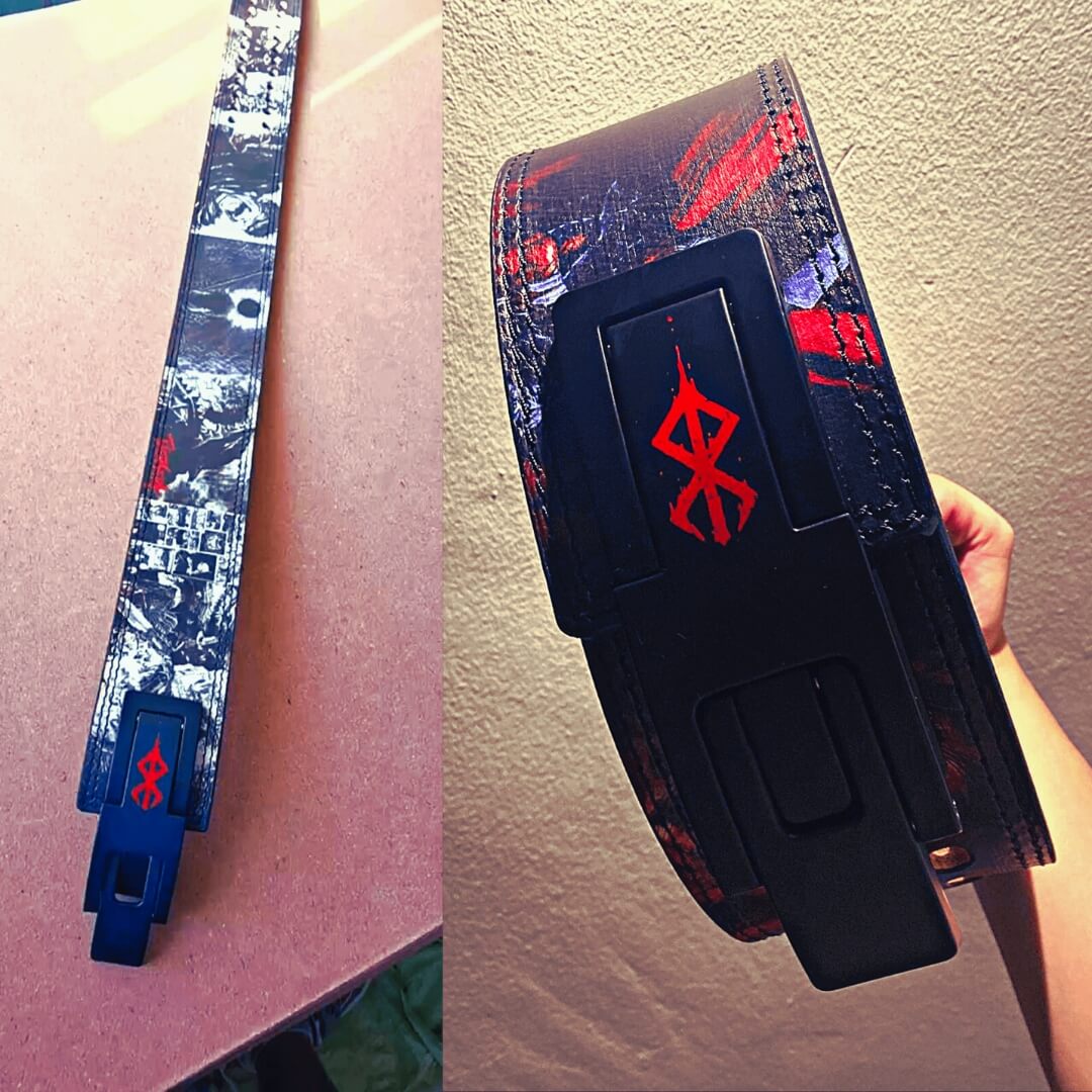 Custom powerlifting lever belt from a past order, black-and-white comic panels with a red mark on the black lever.