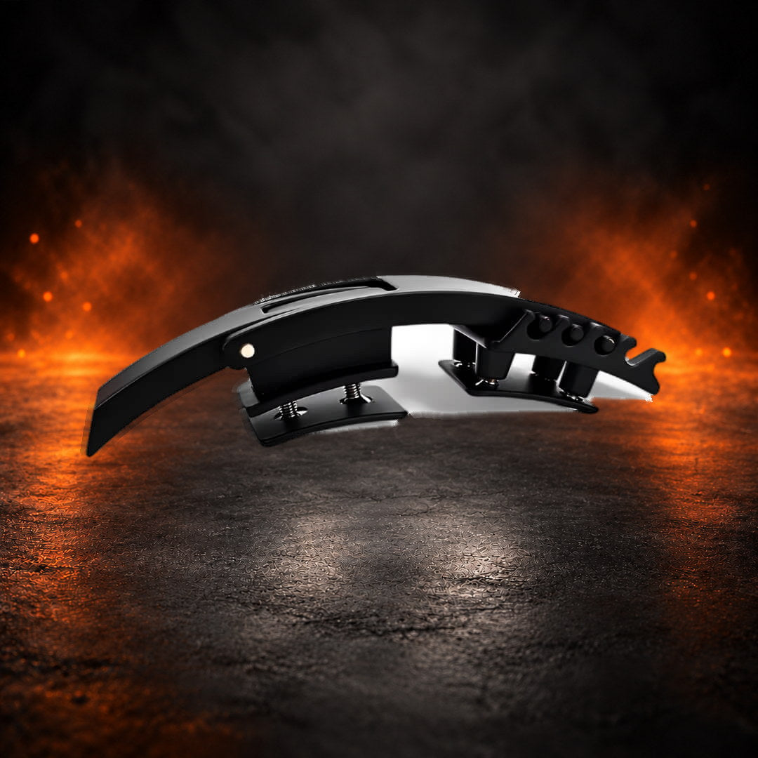 Adjustable lever belt buckle in matte black, side view of the curved lever over its mounting plates.