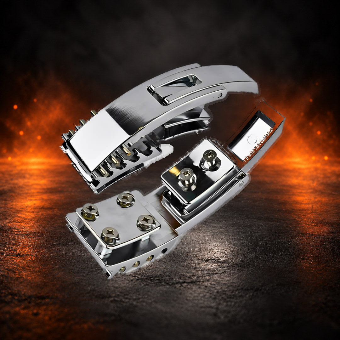 Adjustable lever belt buckle in polished chrome, laid open to show the mounting plates and screws.