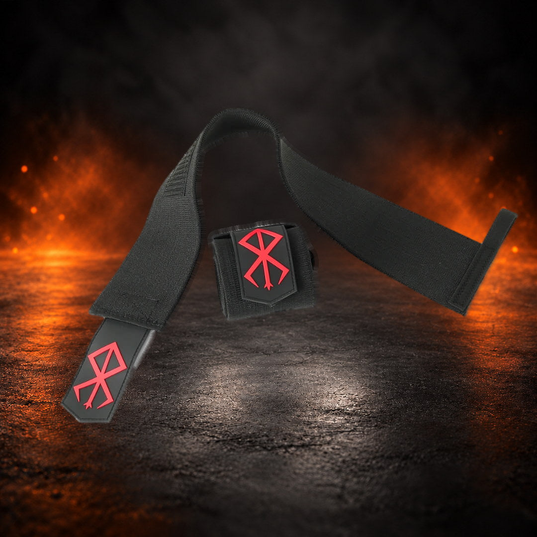 Powerlifting wrist wraps in black, one unrolled full length beside one rolled with a red sigil.