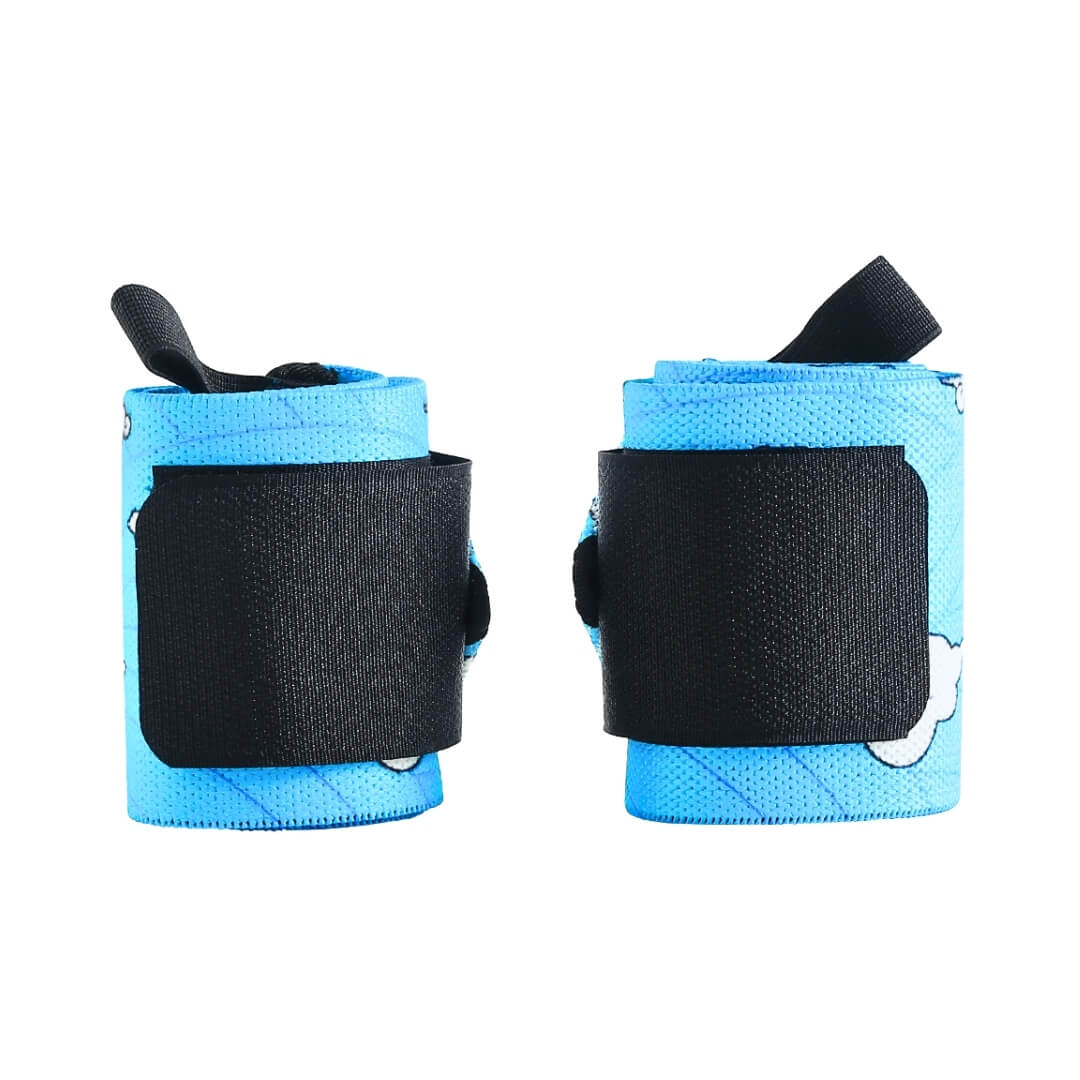 Powerlifting wrist wraps, rolled sky-blue pair with black closure bands across the middle, front view.