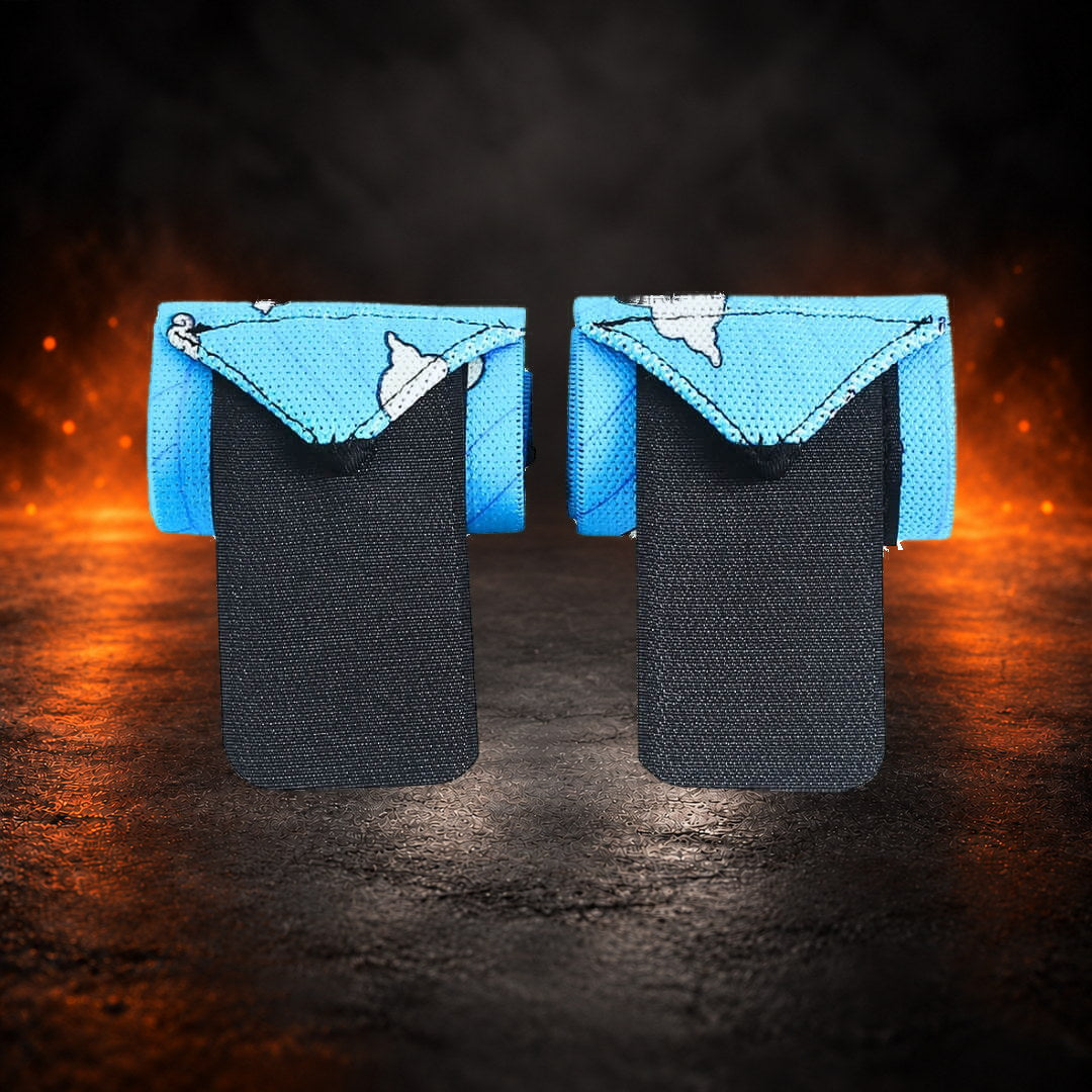 Powerlifting wrist wraps in sky-blue cloud print, folded pair with long black closure tabs hanging down.