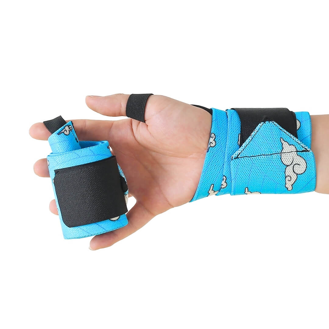 Powerlifting wrist wraps in sky-blue cloud print, one on the wrist and one rolled in the palm.