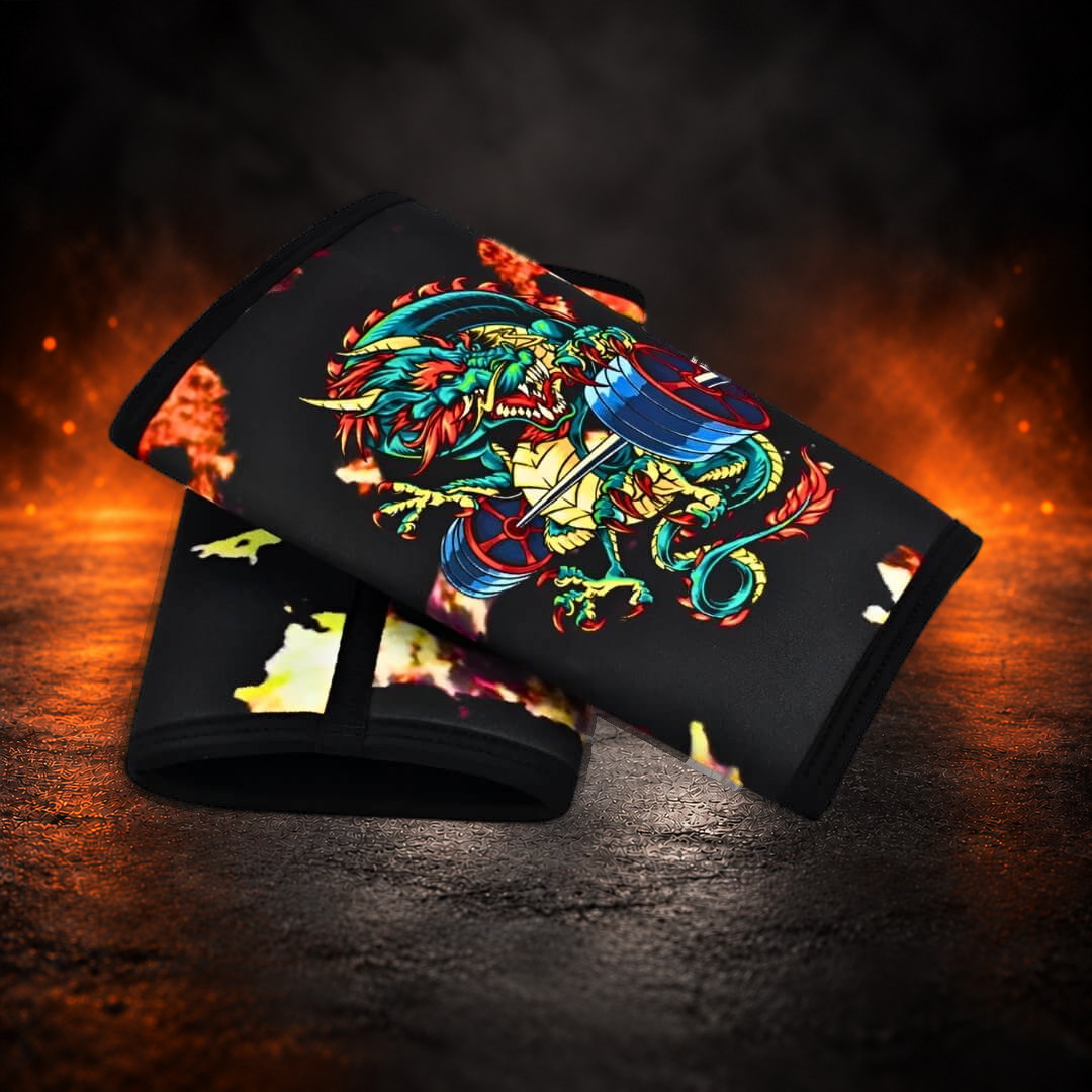 7mm knee sleeves with dragon print, one laid over the other to show the fire-print back.