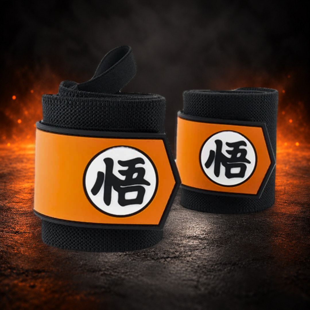 Powerlifting wrist wraps with pointed orange panels, each with a black kanji in a white circle.