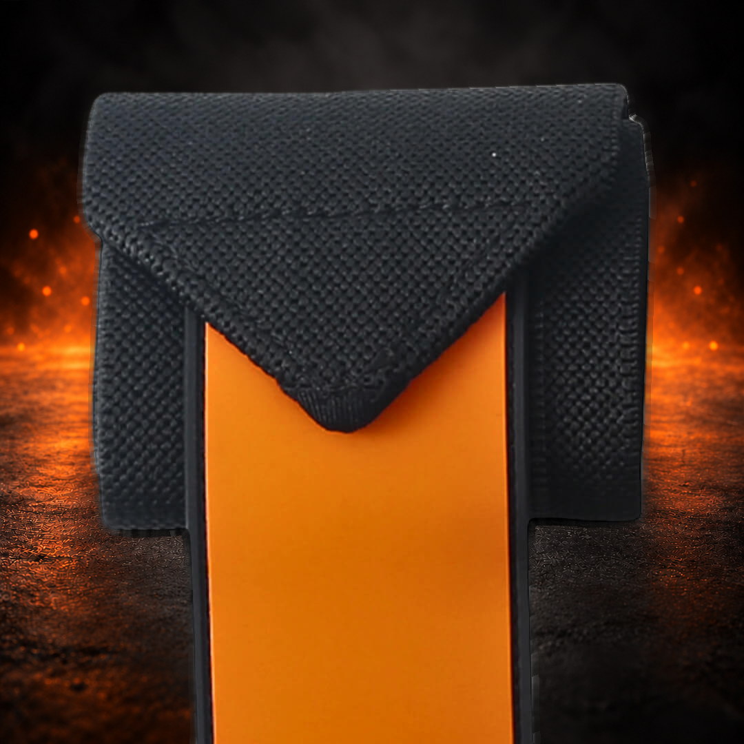 Powerlifting wrist wraps, black woven elastic folded to a point over the orange closure panel, close-up.