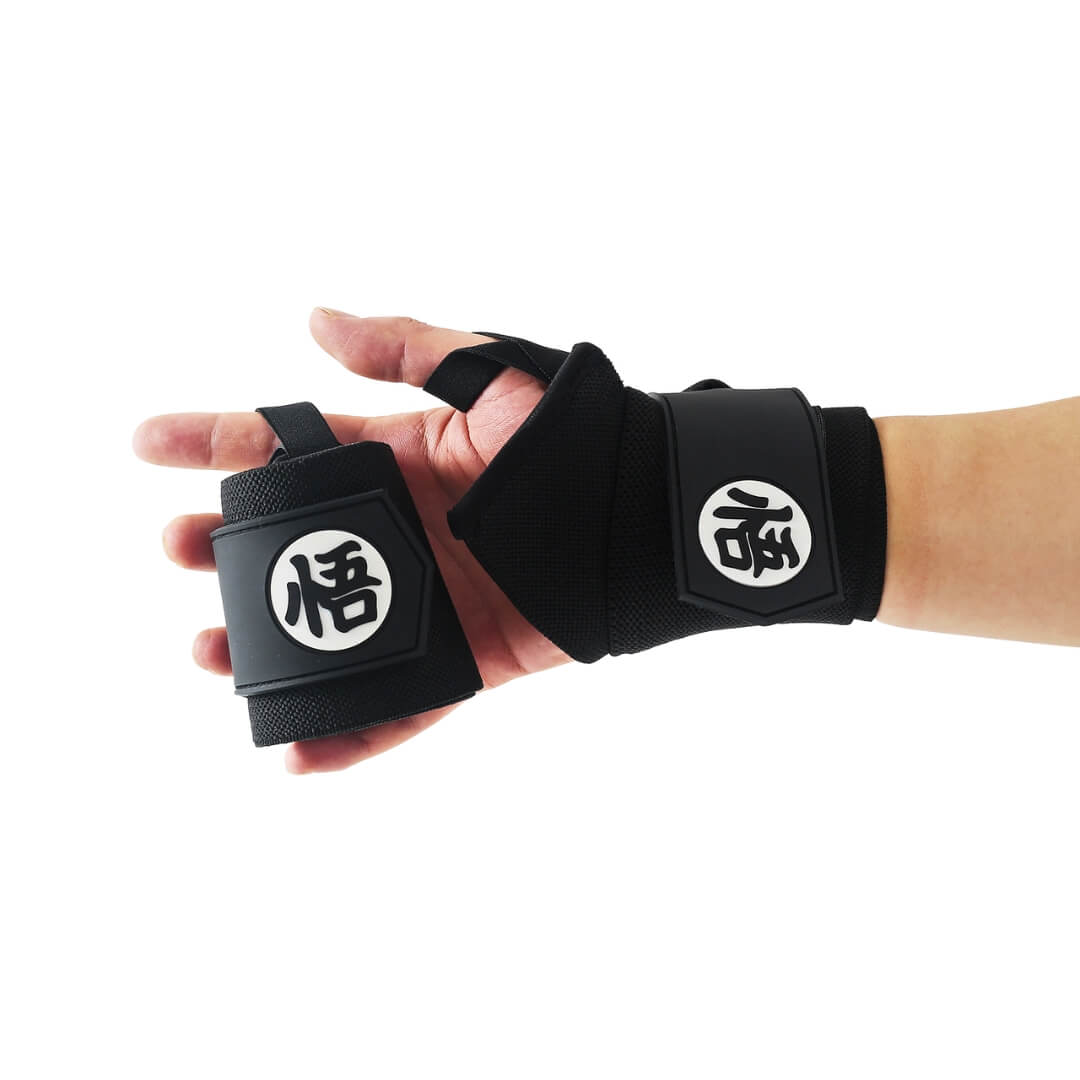 Powerlifting wrist wraps in all black with kanji circles, one on the wrist and one in hand.