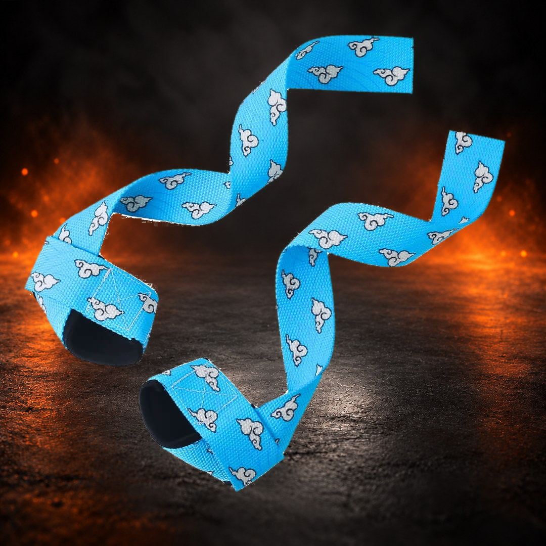 Closed loop lifting straps in sky blue with white clouds, twisted pair showing black padded loops.