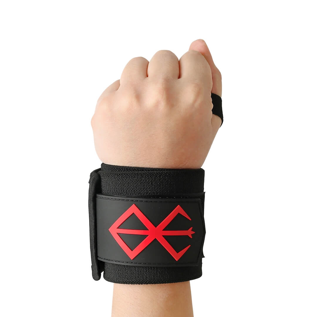 Stiff powerlifting wrist wraps with a red sigil patch, worn on the wrist, back-of-hand view.