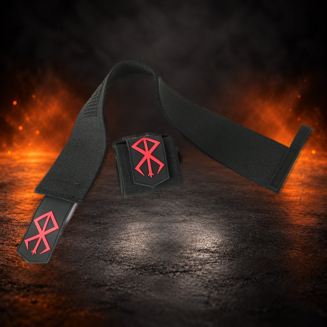 Stiff powerlifting wrist wraps, one unrolled full length beside one rolled with a red sigil.