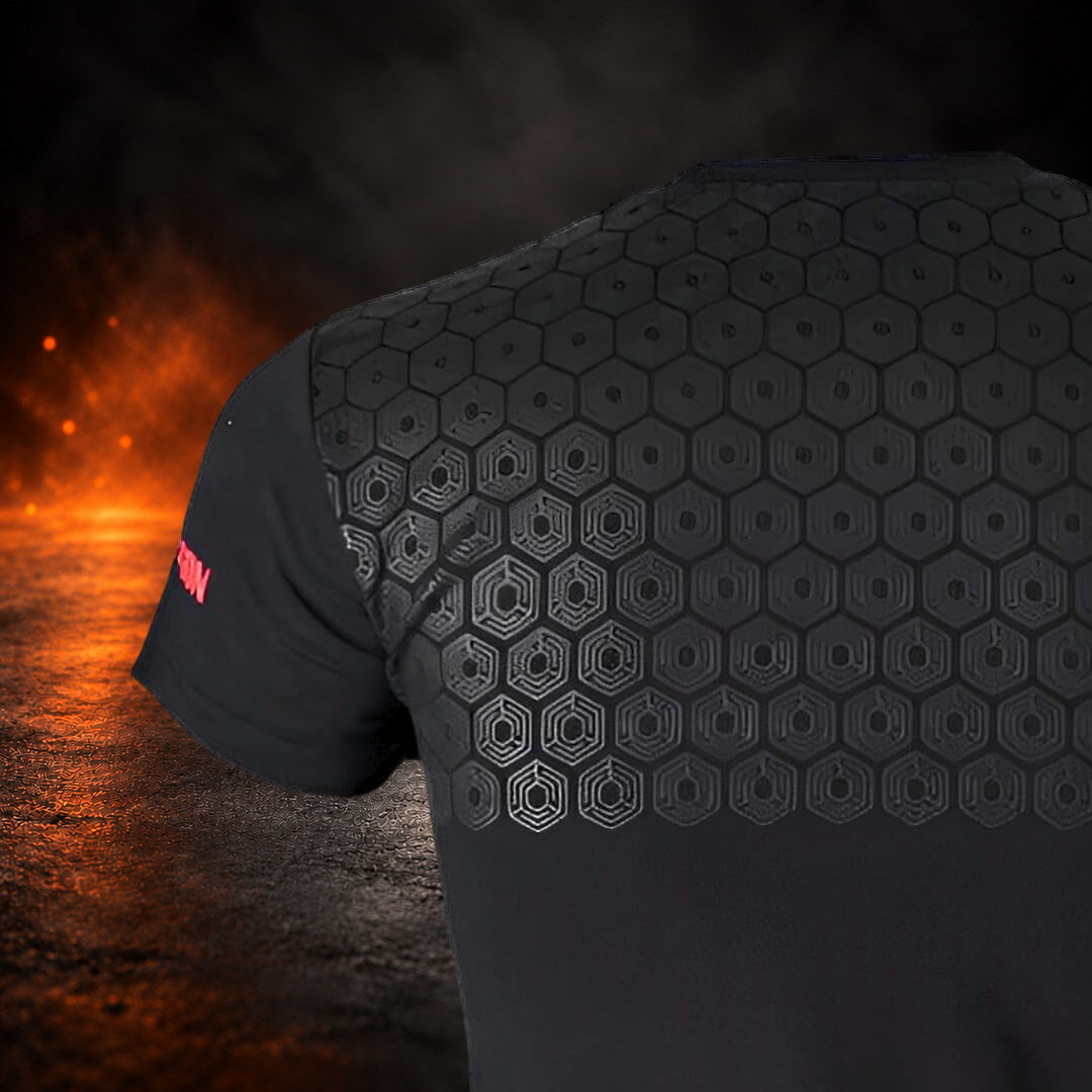Bar grip shirt with a black hex grip panel across the upper back and shoulder, close-up.