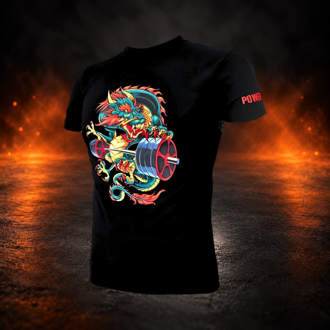 Bar grip shirt in black with teal dragon print and red sleeve lettering, angled front view.