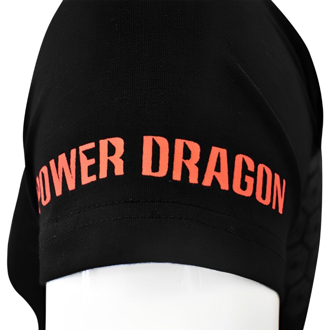 Bar grip shirt sleeve with POWER DRAGON printed in red on black, close-up.